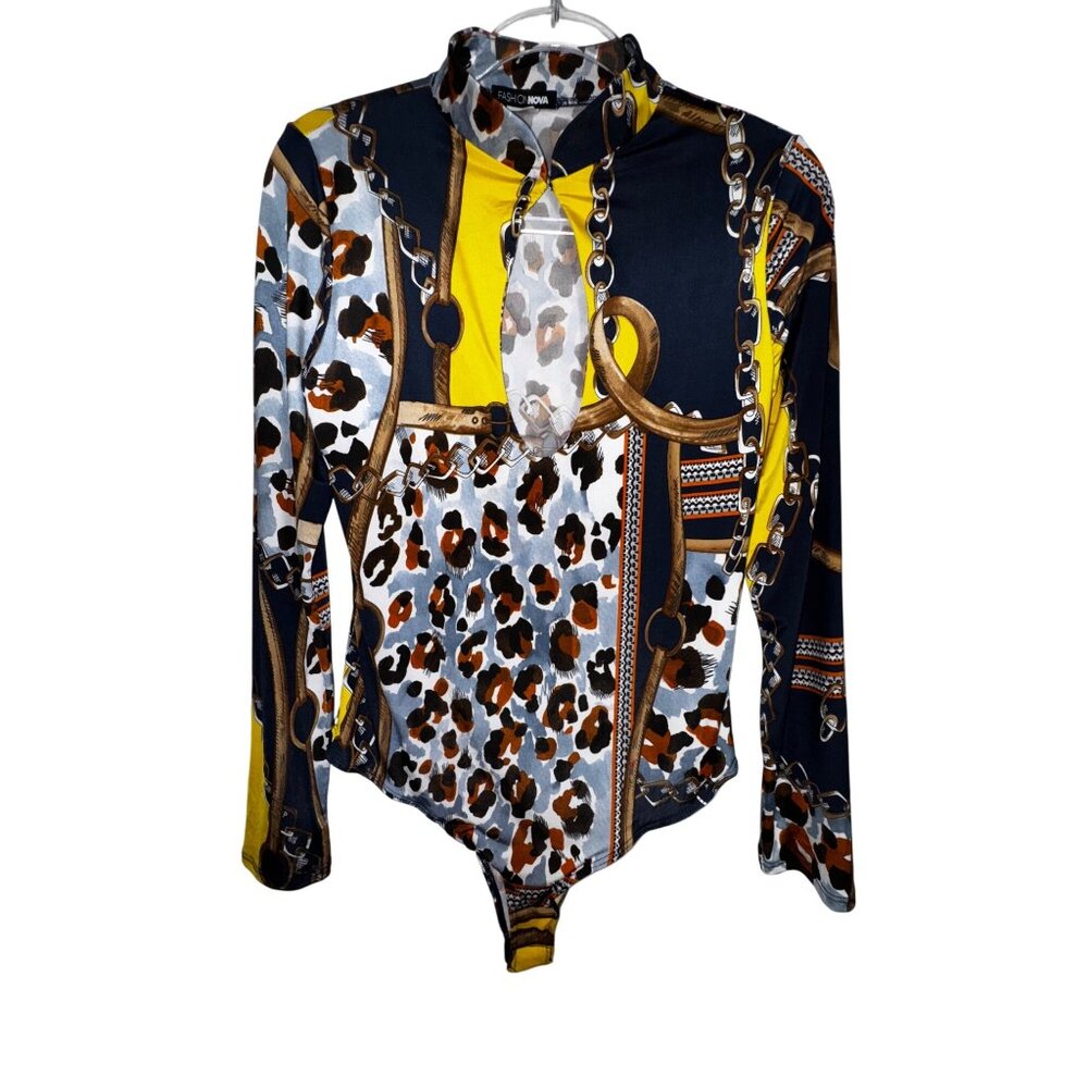 Fashion Nova XL Chain & Leopard Print Bodysuit With Keyhole Detail Stretch Top